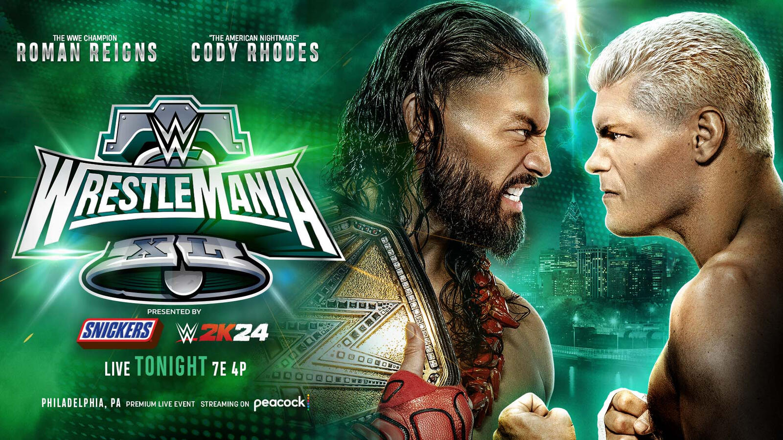 پوستر مسابقه بزرگ کودی رودز و رومن رینز در رسلمنیا 40 کمپانی کشتی کج WWE