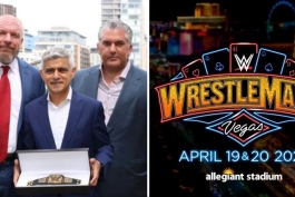 صادق خان، شهردار لندن در کنار تریپل اچ و نیک خان، مسئولین کمپانی کشتی کج WWE