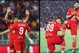 امیرحسین حسین زاده در حال شادی گل و تشکر از مهدی هاشم نژاد بابت پاس گل، مهدی ترابی در حال شادی گل با امیرحسین حسین زاده