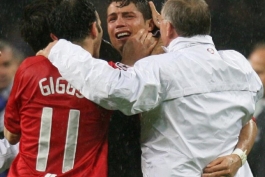 Ferguson celebrates with a deliriously inconsolable Cristiano Ronaldo after United’s shootout victory over Chelsea in the Champions League final in Moscow, May 2008