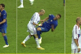 picture combo of TV grabs shows the foul Zinedine Zidane (L) of France to Italy's Marco Materazzi and the red card shown to Zidane by referee Horacio Elizondo