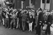 Liverpool fans at Westminster, London, 1st May 1965. They are on their way to see their team play Leeds United in the FA Cup final at Wembley. Liverpool later won the final 2-1. (Photo by Reg Speller/Fox Photos/Hulton Archive/Getty Images)